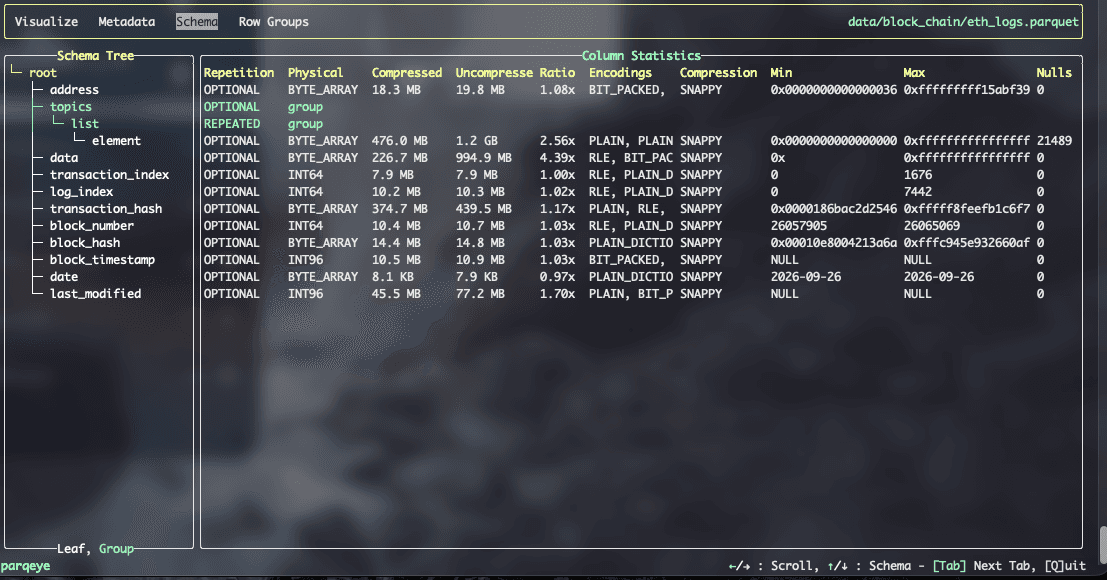 parqeye schema statistics